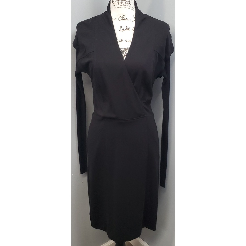 Et Cetera Bodycon Dress Women Size 4 Black Viscose V-Neck Ribbed Sleeve Side Zip